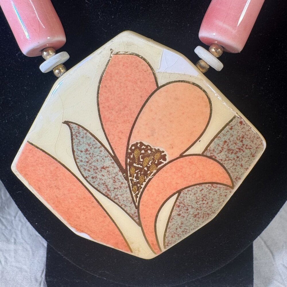 Vintage Handmade porcelain & bead Necklace With Floral Pendant From Japan - Picture 2 of 11